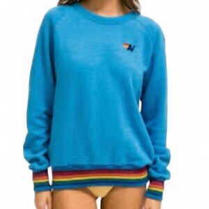 Aviator Nation Blue Crewneck with Rainbow Stripes